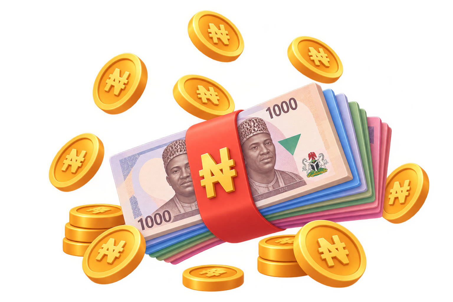 A stack of naira notes and gold coins