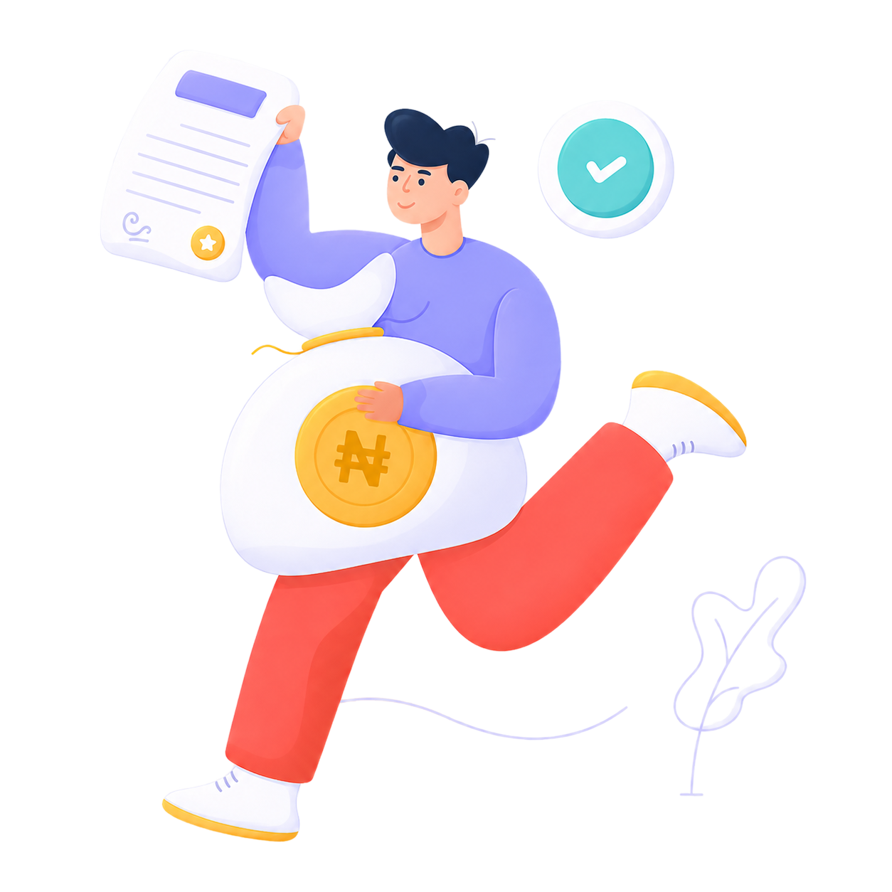 A person running with a document and a large gold coin